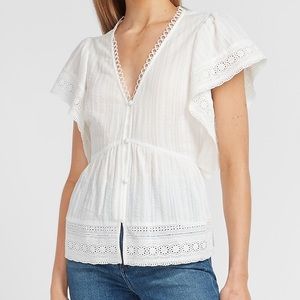 Express Button Front Ruffle Sleeve Lace Top